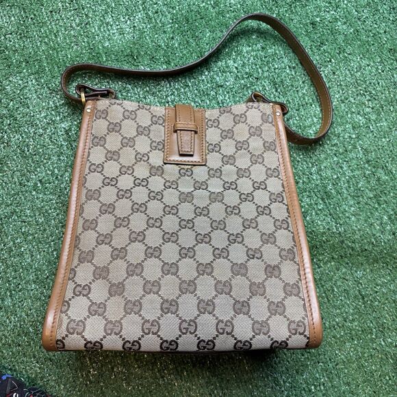 Gucci Handbags - Gucci GG Monogram Shoulder Bag Vintage Brown Gold Canvas Leather Authentic